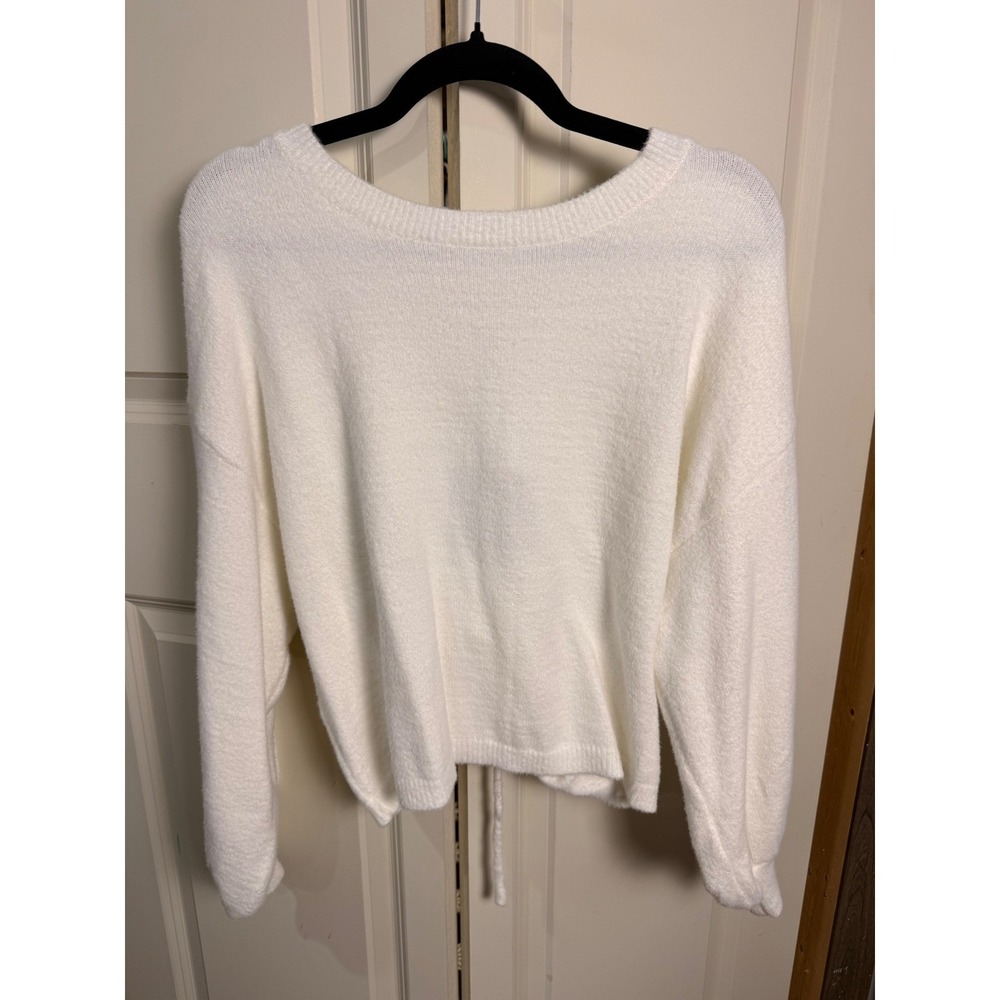 Le Lis Collection Cream White Ruched Cinched Front Fuzzy Knit Sweater Womens